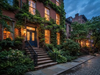Fototapeta premium Ivy covered brick townhouses with lit windows on cobblestone street at dusk