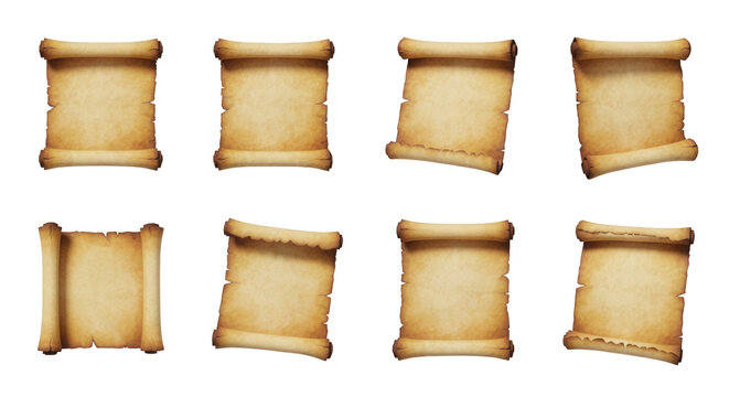 eight aged parchment scrolls arranged in a grid on a clean white background for historical or informational content