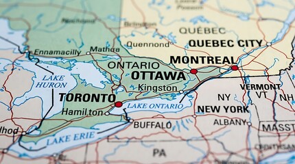 Obraz premium Map details highlight the geographical locations of major Canadian cities and regional landmarks.