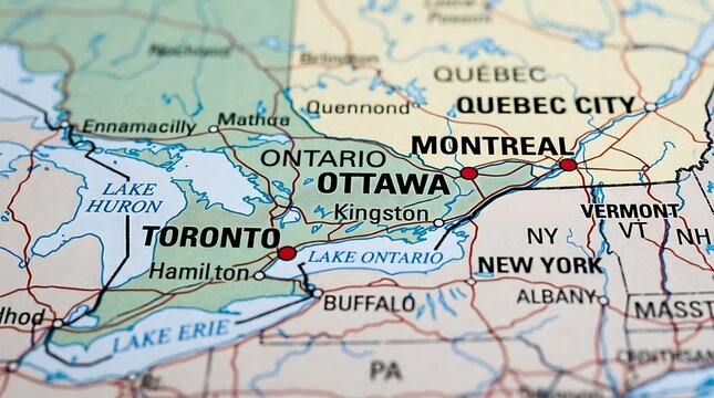 Map details highlight the geographical locations of major Canadian cities and regional landmarks.