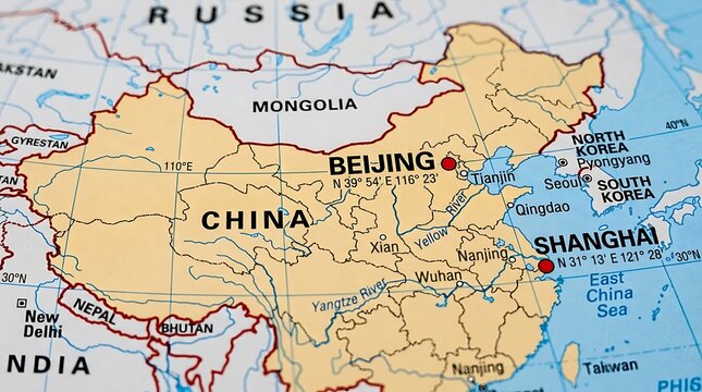 China occupies the central space of this political map featuring major metropolitan areas and international borders.