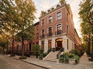 Fototapeta premium Corner brick townhouse with arched entry and cobblestone street