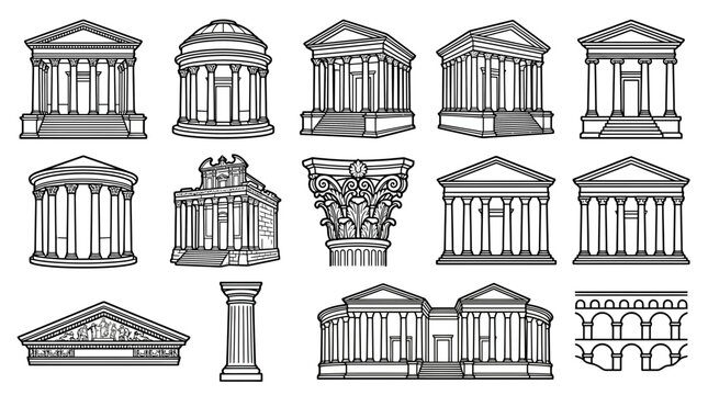 Ancient Greek Roman Architecture Set Columns Temples Pediments Archways Isolated on Transparent Background