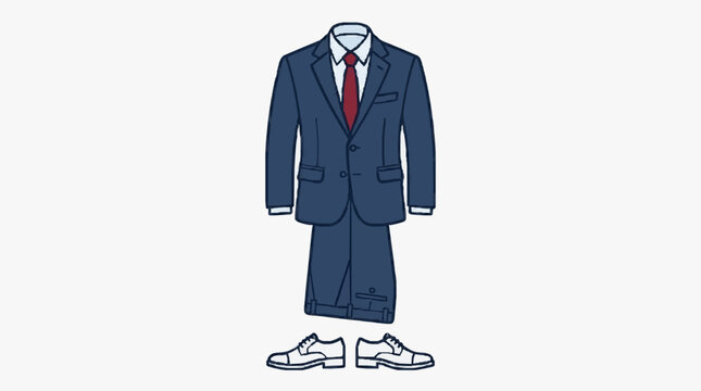 Vector illustration of a men's formal navy blue two-piece business suit featuring a white dress shirt, red necktie, and white leather dress shoes isolated on a white background.
