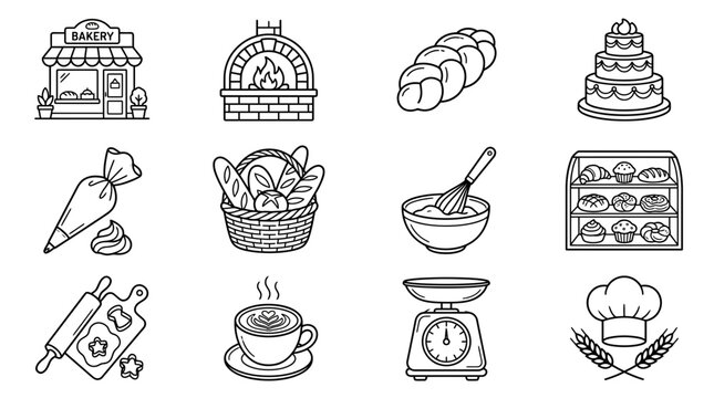 Bakery Icons Set Bread Cake Oven Pastry Bag Rolling Pin Chef Hat More Isolated Vector Graphics