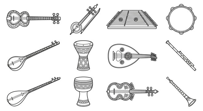 Collection of Traditional Middle Eastern String and Percussion Musical Instruments Isolated