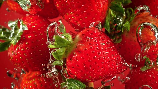 Super Slow Motion Shot of Fresh Strawberries Falling into Water at 1000fps.
