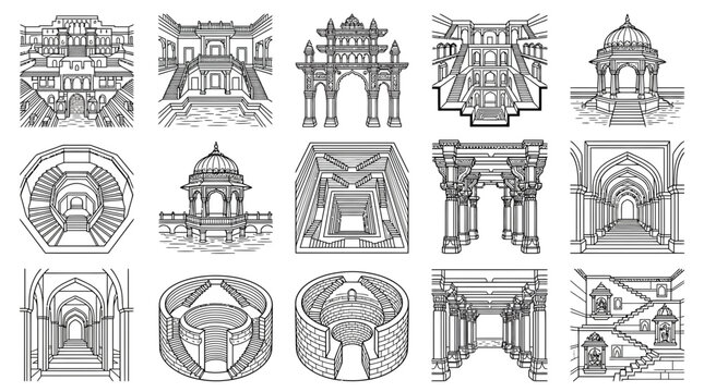 Collection of Indian Stepwells Architecture Vector Illustrations Ancient Wells Heritage Sites Traditional Buildings