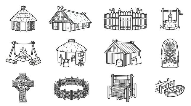 Viking Village Buildings and Elements Collection Isolated Icons on Transparent Background