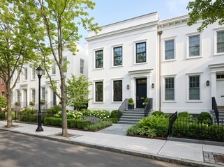 Fototapeta premium White townhouses with front steps and street trees