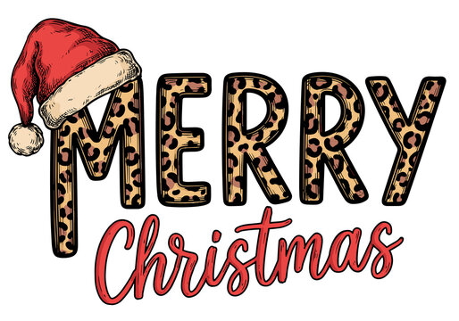 Merry Christmas Leopard Print Santa Hat Lettering