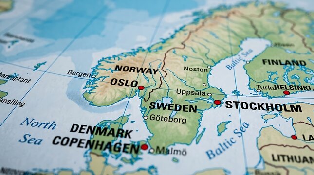 Scandinavia features the countries of Norway, Sweden, and Denmark clearly labeled on a political world atlas page.