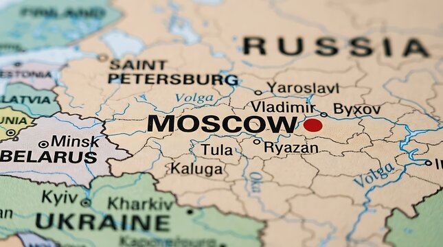 Moscow appears as the capital city marked by a red dot on a detailed political map of the Russian Federation.