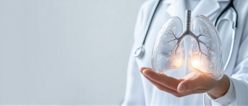 Doctor holding glowing human lung model on hand. World Lung Cancer Day awareness concept. Pulmonologist examining respiratory system health. Banner with copy space
