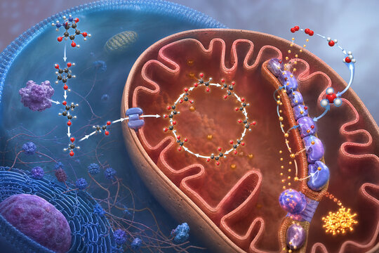 Cellular glucose oxidation inside mitochondria scientific illustration