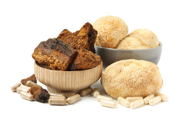 Different functional mushrooms and pills isolated on white © New Africa