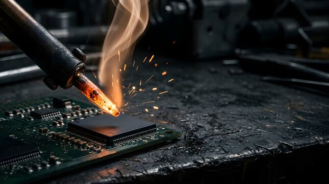 Soldering iron repairs electronic chip on a dark workbench with smoke
