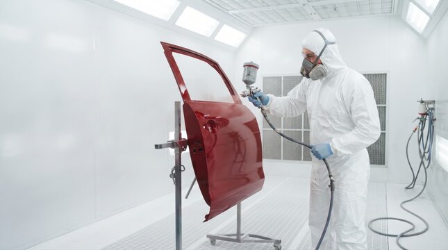 Professional painter in protective gear applying red paint to car door in modern spray booth for automotive refinishing and restoration