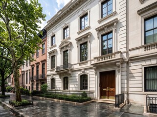 Naklejka premium White stone townhouse facade with ornate entrance and wet sidewalk
