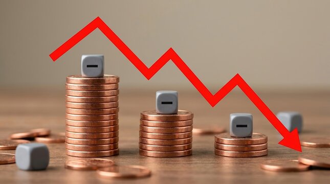 Economic recession, financial decline, market downturn concept with red falling arrow and shrinking coin stacks.