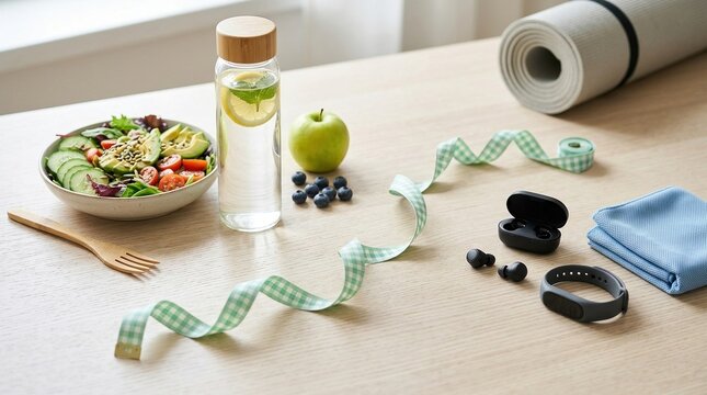 Balanced weight loss journey, healthy lifestyle, fitness nutrition concept with meal, tape and exercise accessories.