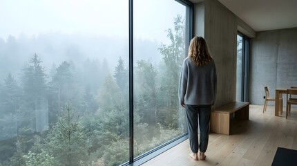 Fototapeta premium Woman looking out of a modern home window at a foggy forest morning
