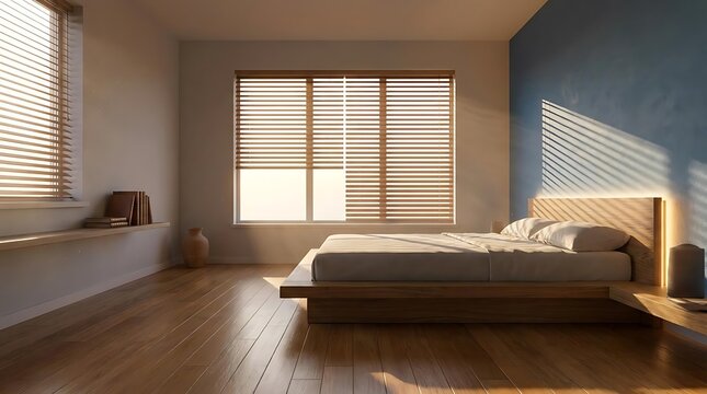 Modern minimalist bedroom with wooden bed and sunlight