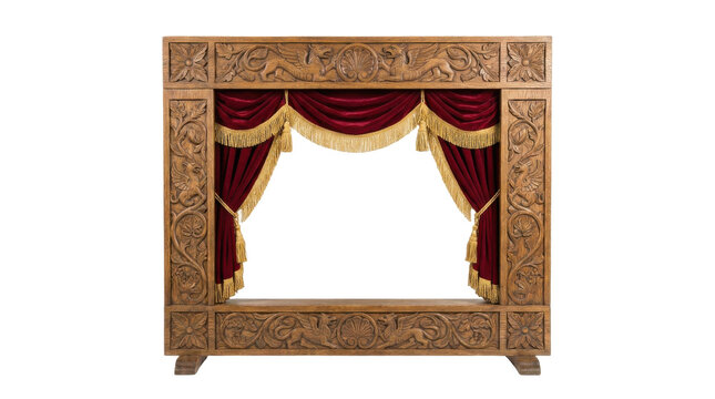 Ornate wooden proscenium arch with red velvet curtains and gold fringe PNG Isolated on transparent background