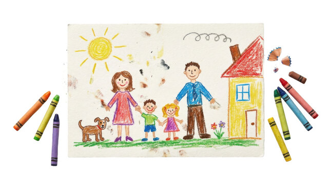 Childrens Crayon Drawing of a Happy Family with Dog and House PNG Isolated on transparent background
