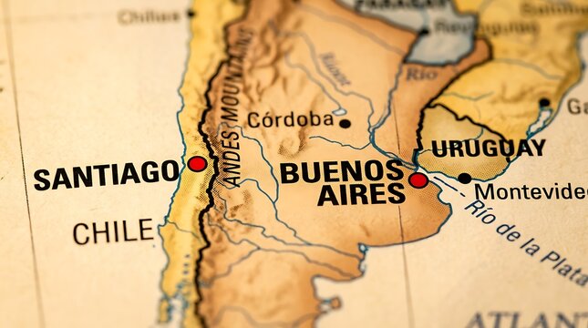 Chile map highlights the narrow coastal nation along the Andes mountain range in South America.