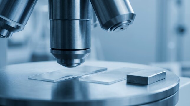 Close up view of a professional laboratory microscope objective lens hovering above glass specimen slides placed upon a circular metal stage within a sterile clinical medical research