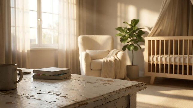 Sunlit nursery interior with armchair and baby crib