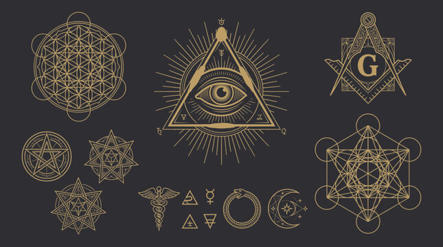 Gold Occult Symbols and Esoteric Sign Collection. Freemason, Eye of Providence, Sacred Geometry Vector Set. Alchemy, Tarot, Mystic Emblems for Occult Design