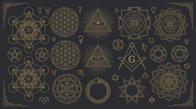 Mystical Esoteric Symbol Collection. Golden Sacred Geometry and Occult Signs. Masonic Square and Compass, All-Seeing Eye, Pentagrams, Sigils, Tarot Cards, Kabbalah Seals, Alchemy