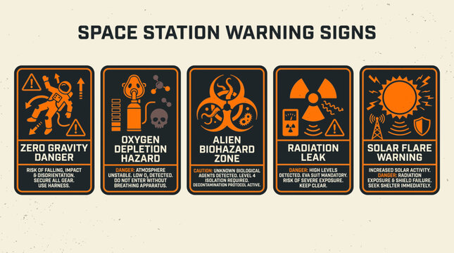 Space station warning signs set. Five vector safety labels including zero gravity danger, oxygen depletion, alien biohazard, radiation leak and solar flare warning icons for sci-fi design