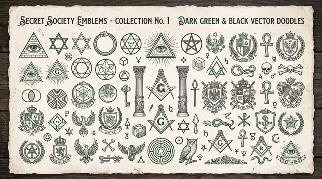 Secret Society Emblems Collection No. 1. Dark Green and Black Vector Doodles. Vintage Occult Masonic Symbols and Esoteric Signs. Distressed Illustrations for神秘社团, Occult Design