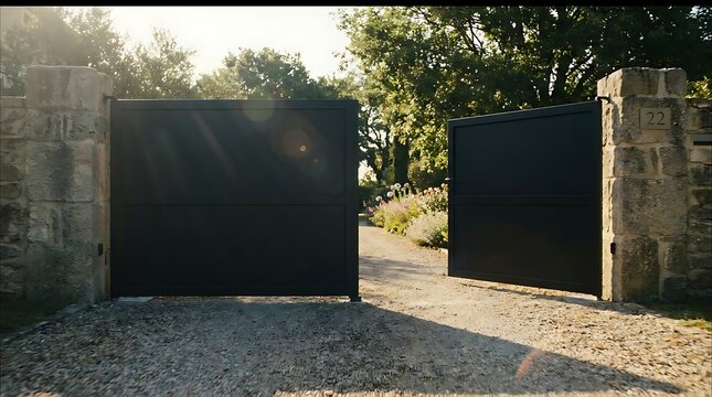 Black metal gate on a gravel driveway