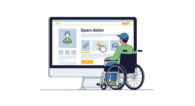 Person in wheelchair interacting with accessible website on computer screen.