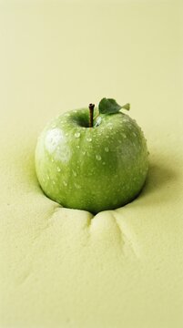 A single green apple rests on a soft textured surface in muted yellow tones