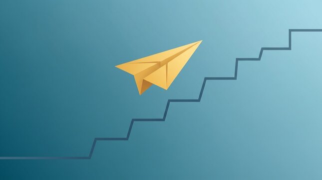 Paper airplane flying upwards along a staircase representing growth and ambition