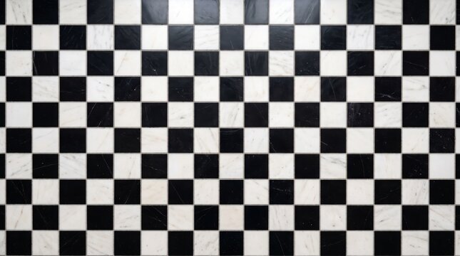 Black and white checkered tile floor pattern, classic geometric square ceramic wall texture.