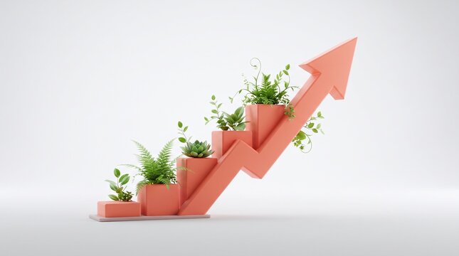 Growth concept with plants growing from a rising arrow on a white background