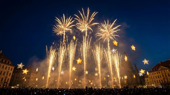 Fireworks and star lights above city crowd