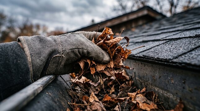 Gloved hand removing dry autumn leaves from a roof rain gutter, home maintenance