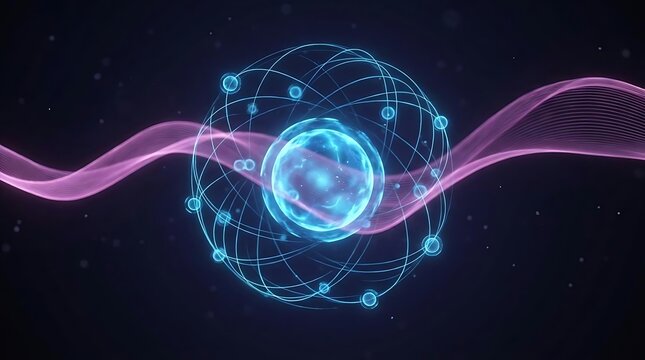 Glowing blue atom with pink energy wave