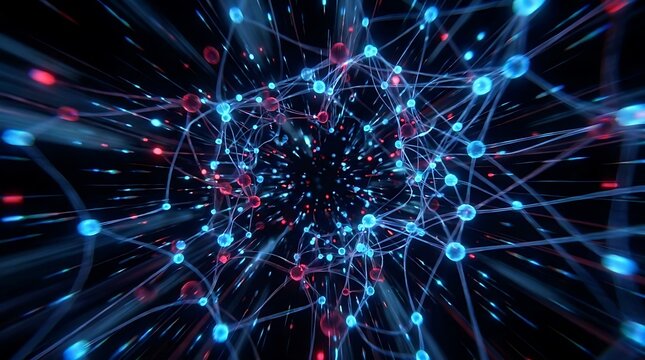 Glowing blue and red network nodes in a tunnel