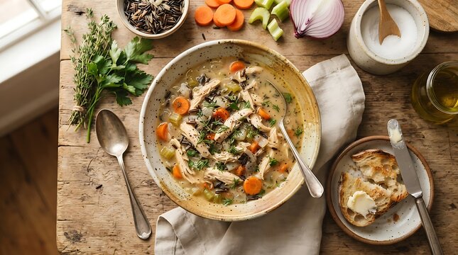 A warm and nourishing bowl of homemade flame-chicken wild rice soup with fresh vegetables and crusty bread served on a rustic wooden kitchen table