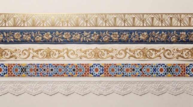 Set of decorative border tiles with intricate floral and geometric patterns on white background