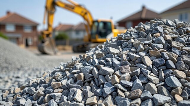 A pile of grey crushed gravel sits in the foreground with a blurred excavator in the background.