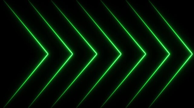 Neon green glowing arrows moving forward abstract background, loop, digital technology, directional motion
